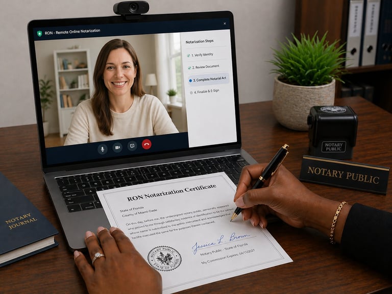Person signing a notarization certificate during a video call with a notary public on laptop screen