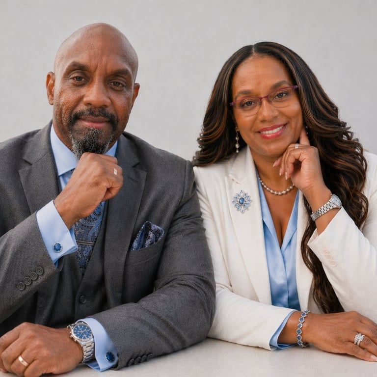 Two professional business people posing together against a white background, both wearing formal attire and smiling at the camera