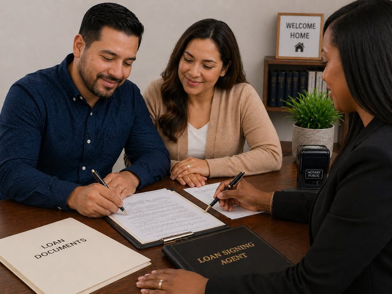 Couple signing loan documents with a loan officer at a desk in an office