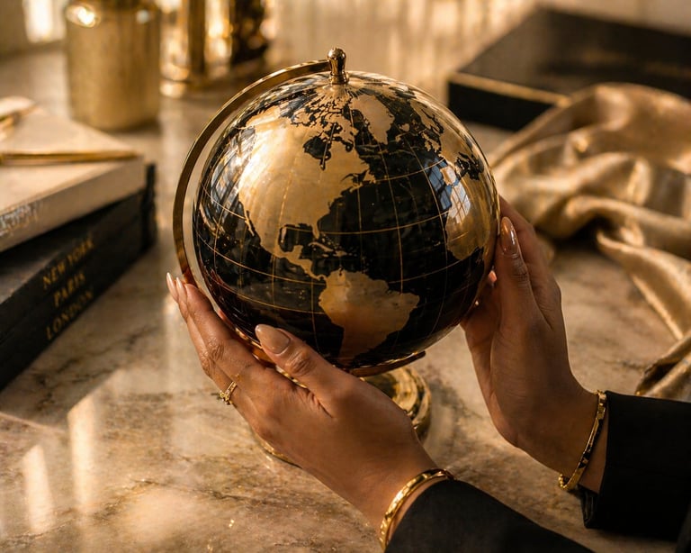 Person holding a black and gold decorative globe on a marble desk with books and desk accessories