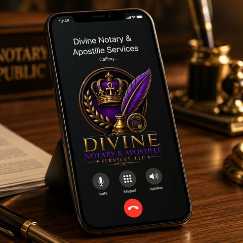 Smartphone displaying incoming call from Divine Notary & Apostille Services with purple and gold logo and crown icon on wooden desk