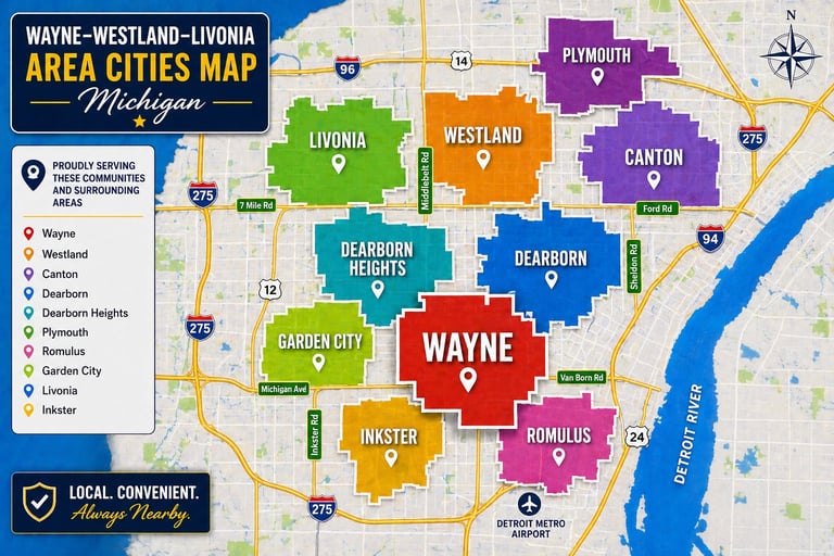 Colored area map of Wayne-Westland-Livonia Michigan showing city boundaries with legend and roads. Blue ribbon represents river.