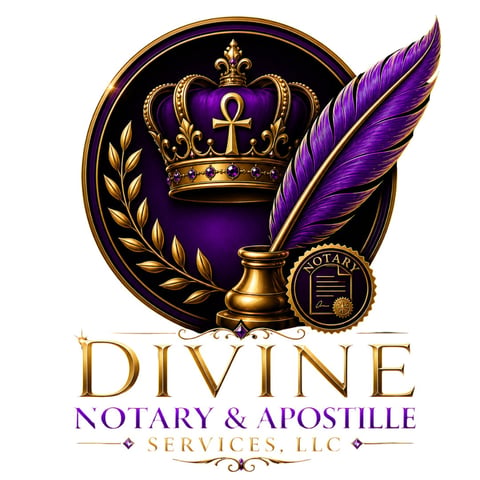 Divine Notary and Apostille Services logo featuring a gold crown, purple feather quill, laurel wreath, and notary seal on black circular background