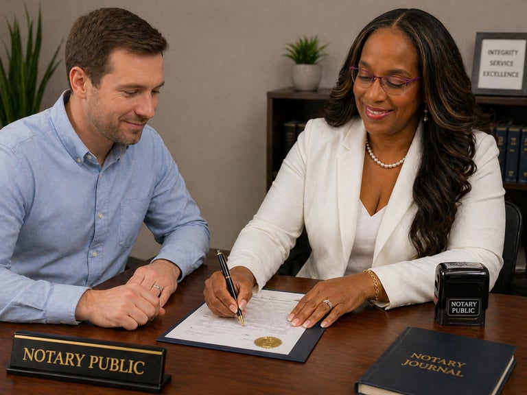 Notary public in white blazer and glasses signs document at desk while man in light blue shirt watches