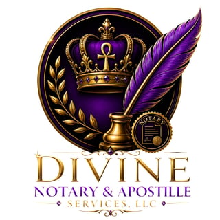 Divine Notary and Apostille Services logo featuring a gold crown, purple quill, laurel wreath, and notary seal on circular black background
