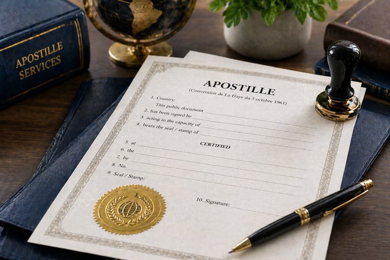 Apostille certificate with golden seal on desk surrounded by a rubber stamp, pen, globe, plant, and reference books
