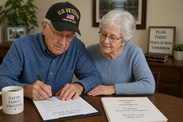 Elderly man wearing U.S. Veteran cap and woman reviewing documents together at table with coffee mug and inspirational sign